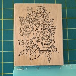Floral Rose Bouquet Wood Rubber Stamp - Natural Wood
